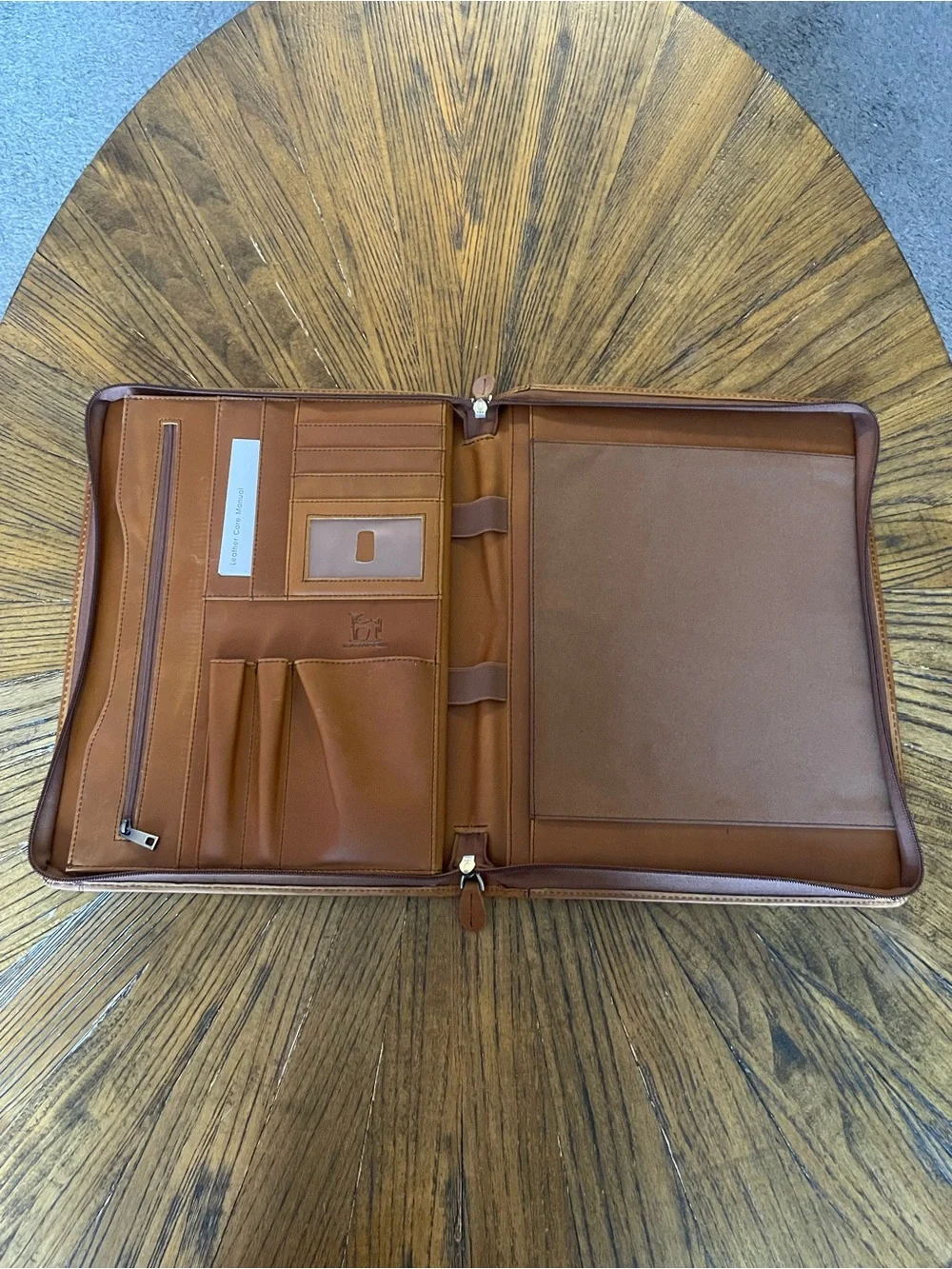 Leather Zip Portfolio Organizer in Cognac Brown